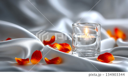 Embrace Serenity with Gentle Candlelight and Delicate Rose Petals on Silky White Fabric for Spa Ambience or Romantic Moments of Reflection Embrace Serenity with Gentle Candlelight and Delicate Rose Petals on Silky White Fabric for Spa Ambience or Romantic Moments of Reflection 134903344