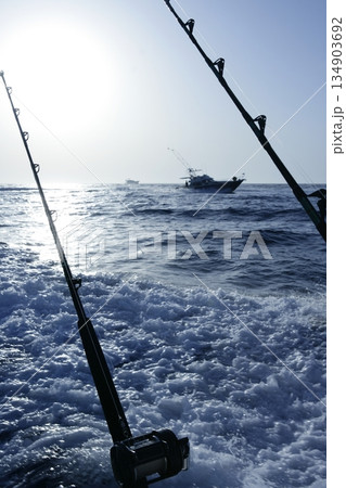 Blue Mediterranean fishing boat rod and reels Blue Mediterranean fishing boat rod and reels 134903692