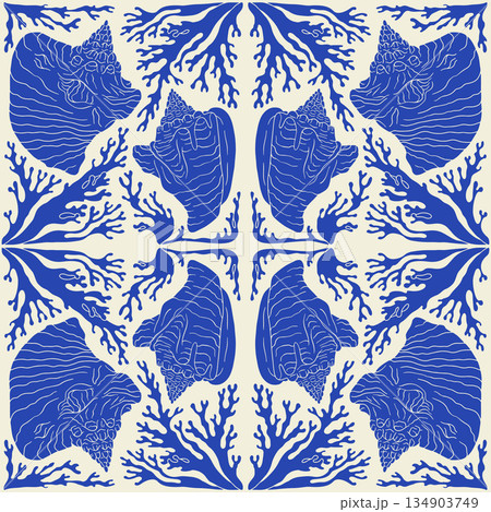 Blue and beige damask conch shell and corals coastal seamless pattern Blue and beige damask conch shell and corals coastal seamless pattern 134903749