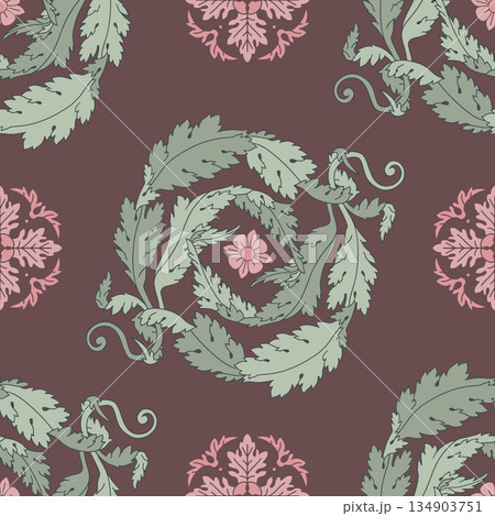 Hand drawn green acanthus leaf Art Nouveau line seamless pattern. Elegant floral vector background for print and digital design. Vintage botanical texture 134903751