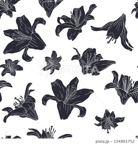 Monochrome vintage seamless pattern with hand drawn lily flowers black silhouette on white background 134903752