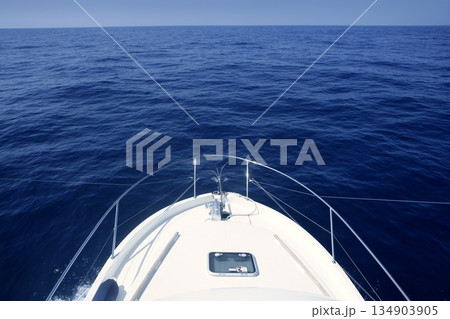 Bow of yacht white boat cruing the blue sea Bow of yacht white boat cruing the blue sea 134903905