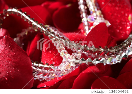 Shiny jewelry over red rose petals Shiny jewelry over red rose petals 134904491