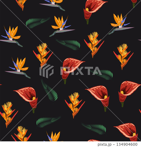 Orange Strelitzia flower pattern design with leaves and stem, calla lilies, hibiscus, tropical flowers. Hawaiian beach vacation. Orange Strelitzia flower pattern design with leaves and stem, calla lilies, hibiscus, tropical flowers. Hawaiian beach vacation. 134904600
