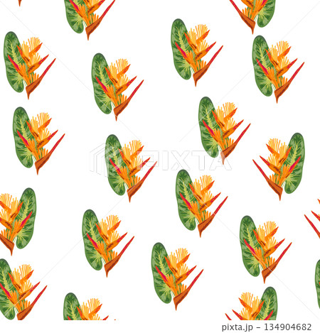 Orange Strelitzia flower pattern design with leaves and stem, calla lilies, hibiscus, tropical flowers. Hawaiian beach vacation. 134904682