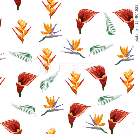 Orange Strelitzia flower pattern design with leaves and stem, calla lilies, hibiscus, tropical flowers. Hawaiian beach vacation. Orange Strelitzia flower pattern design with leaves and stem, calla lilies, hibiscus, tropical flowers. Hawaiian beach vacation. 134904683
