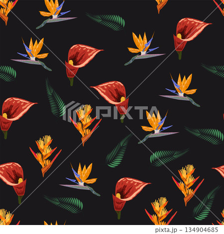 Orange Strelitzia flower pattern design with leaves and stem, calla lilies, hibiscus, tropical flowers. Hawaiian beach vacation. 134904685