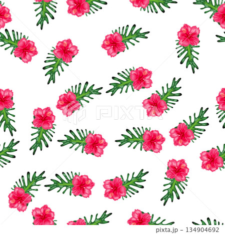 Tropical hibiscus flowers seamless pattern. Hawaiian retro textile print abstract florals. Tropical bloom for aloha shirt fabric. Tropical hibiscus flowers seamless pattern. Hawaiian retro textile print abstract florals. Tropical bloom for aloha shirt fabric. 134904692