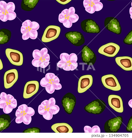 A seamless pattern featuring avocado, tropical leaves, and flowers. Concept Maldives vacation, warm sea, holidays, eternal summer, and healthy eating. 134904705
