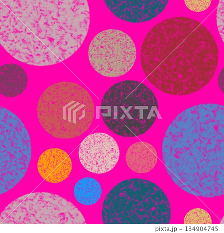 Abstract pattern with textured multicolor circles on bright pink background. Marbled surfaces and random layout create playful, vibrant texture for textile, wallpaper, digital design 134904745