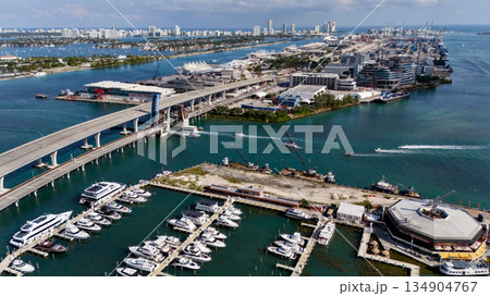 Aerial view of Miami downtown waterfront with bridge marina and yachts Aerial view of Miami downtown waterfront with bridge marina and yachts 134904767