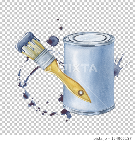 A composition with a can of paint and a brush on the background of a blue spot of paint. Watercolor illustration of building tools and materials for home renovation. Realistic clipart. A composition with a can of paint and a brush on the background of a blue spot of paint. Watercolor illustration of building tools and materials for home renovation. Realistic clipart. 134905157