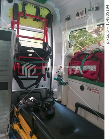A medical van with a red bag on the right and a green bag on the left A medical van with a red bag on the right and a green bag on the left 134905194