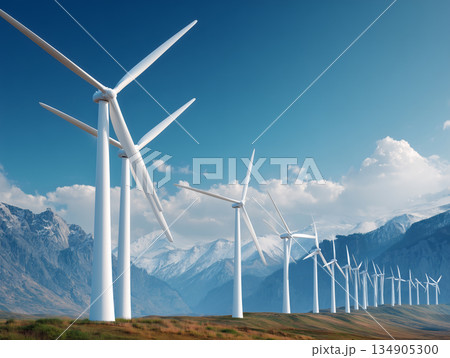 風力発電機が並ぶ山岳風景 134905300