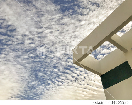 top of a building with the sky and roofs in the background 134905530