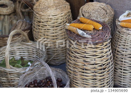 handmade wicker baskets made from corn cobs and chestnuts 134905690