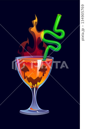 Halloween party cocktail beverage in a transparent goblet glass with burning flame, glowing green twisted straw and creepy carved pumpkin face. Cartoon vector magical potion for holiday celebrations Halloween party cocktail beverage in a transparent goblet glass with burning flame, glowing green twisted straw and creepy carved pumpkin face. Cartoon vector magical potion for holiday celebrations 134905769