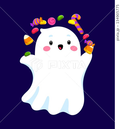Funny kawaii Halloween ghost character juggling colorful candies, lollipops and sweets. Cute cartoon spirit celebrating trick or treat night. Spooky vector personage for Halloween party Funny kawaii Halloween ghost character juggling colorful candies, lollipops and sweets. Cute cartoon spirit celebrating trick or treat night. Spooky vector personage for Halloween party 134905775