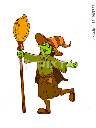 Groovy cartoon witch character with green skin and happy face dances with broomstick. Funky female enchantress wear brown dress and fancy hat for Spooky Halloween party 134905776