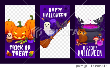 Halloween posters and social media templates with carved pumpkins, cupcakes, candies. Ghost flies with broom and hat, while cauldron of magic potion, owl, red mushrooms and potions on vector posters 134905812