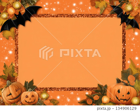ハロウィン装飾が映えるかぼちゃとコウモリのオレンジ背景フレーム 134906129