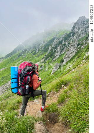 Man hiker climbs steep, grassy slope with trekking poles. Tourist carry large backpack, with blue sleeping pad. Rugged mountain landscape with misty cliffs in background, creating adventurous scene. Man hiker climbs steep, grassy slope with trekking poles. Tourist carry large backpack, with blue sleeping pad. Rugged mountain landscape with misty cliffs in background, creating adventurous scene. 134907018