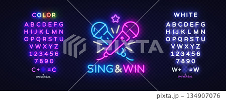Neon karaoke sign and win lettering with microphones and dual alphabet blocks. Ideal for promotions or party ads. 134907076