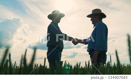 Partnership success in agriculture, Two farmers celebrate partnership, Business handshake in nature, Rural teamwork concept, Deal between agricultural entrepreneurs, Farm contract agreement 134907085