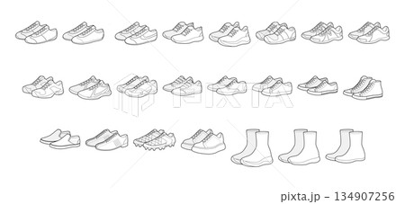 Sneakers shoe line pair set. Athletic running tennis hiking skate soccer, canvas, stretch trainer outline for man woman 134907256