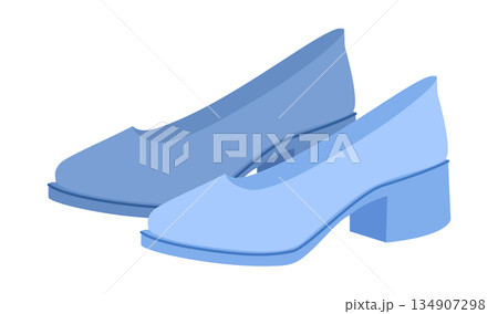 Blue block heel pump shoe women flat pair. Closed toe dress shoe for business, family dinner, modern everyday style.  134907298