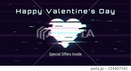 Valentine’s Day promotional banner with glitch heart and Y2K style. Modern love concept with neon colors, abstract background and copy space. Perfect for sales, special offers, ads, and social media. 134907392