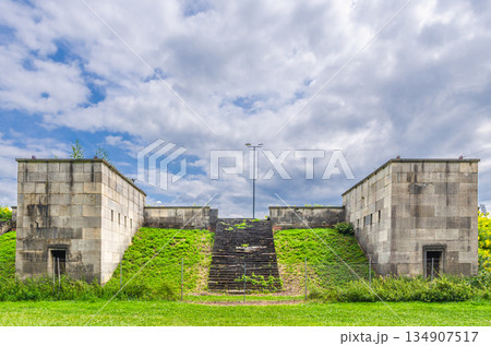 Gates entrance of Soldiers Field Nurnberg Rams Soldierfield in Zeppelinfeld Zeppelin Field Zeppelinwiese in Nuremberg city, Middle Franconia region, Bavaria state, Germany 134907517