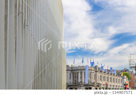 Street view in Brussels city historical center with Centre for Fine Arts Palais des Beaux-Arts BOZAR art building and structure wall of Montagne du Parc Contemporary office BNP Paribas Fortis bank 134907571