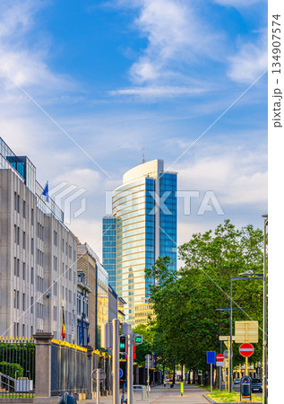 Madou Plaza Tower skyscraper European Commission building and street road in Brussels city historical centre, Belgium 134907574