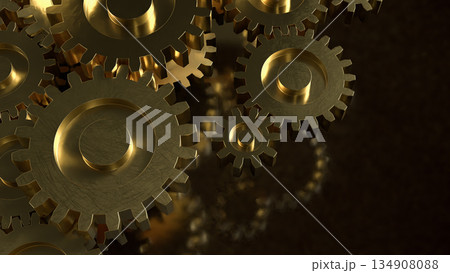Golden Mechanical Gears Concept Representing Industry Engineering and Business Efficiency 3d render. Golden Mechanical Gears Concept Representing Industry Engineering and Business Efficiency 3d render. 134908088