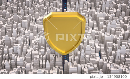 Cybersecurity Shield Protecting Digital City Infrastructure 3d render. 134908100