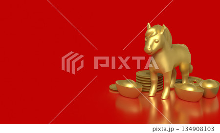 Golden Horse Statue with Chinese Gold Ingots on Red Background 3d render. 134908103