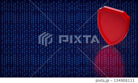 Red Cybersecurity Shield on Binary Data Background 3d render. 134908111