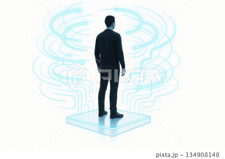 A person in the digital flow of data and technology. A person in the digital flow of data and technology. 134908148