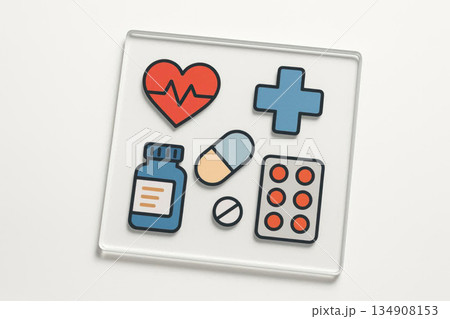 Medical symbols and medicines on a white background. 134908153