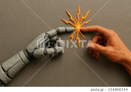 The touch of a human-robot hand with a spark of energy. Space for text. 134908154