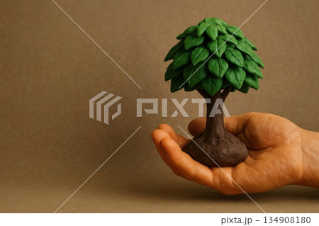 The hand holds a green wood made of plasticine. Space for text. 134908180