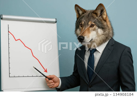 A wolf in a business suit at a falling chart. Space for text. A wolf in a business suit at a falling chart. Space for text. 134908184