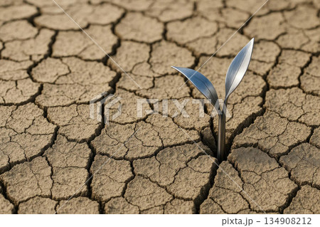 A metal sprout makes its way through the dry, cracked earth. Space for text. 134908212