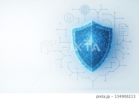 A blue digital shield is an icon of cybersecurity and data protection. Space for text. A blue digital shield is an icon of cybersecurity and data protection. Space for text. 134908213