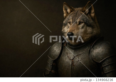A wolf in antique armor against a dark background. Space for text. 134908216
