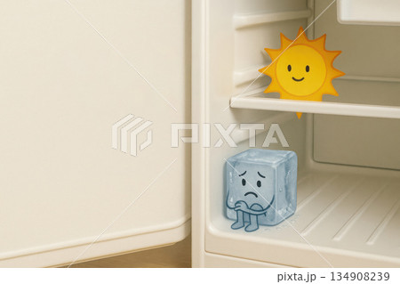 Sad ice cube next to smiling sun in fridge. Space for text. Sad ice cube next to smiling sun in fridge. Space for text. 134908239