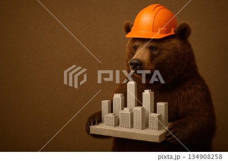 A bear in a construction helmet holds a model of the city. Space for text. A bear in a construction helmet holds a model of the city. Space for text. 134908258