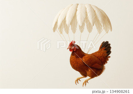 A chicken with a feather parachute on a light background. Space for text. 134908261