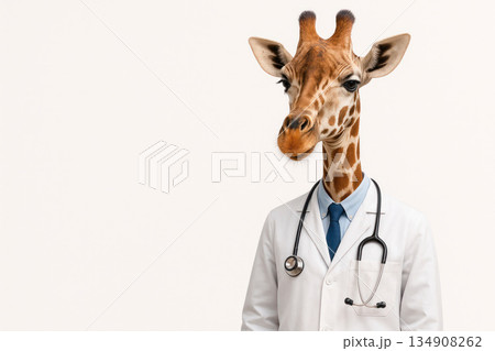 Giraffe doctor in white coat with stethoscope. Space for text. Giraffe doctor in white coat with stethoscope. Space for text. 134908262